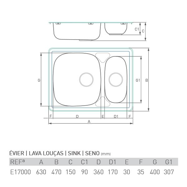 Évier Inox Lisse à Encastrer - 1 cuve 1 égouttoir WAKE - 86 x 50 cm